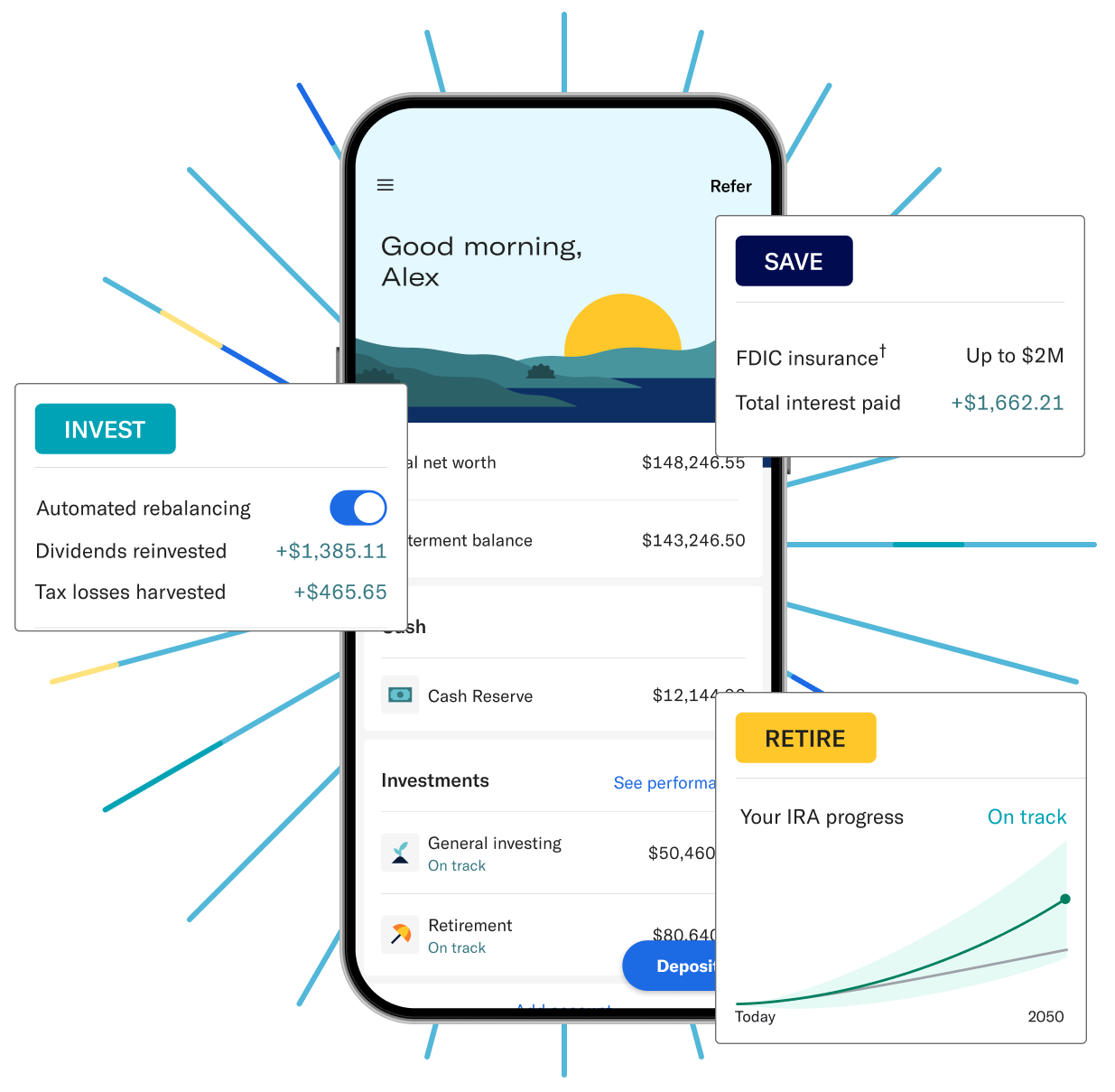 A smartphone containing an over view Of bettermen's offerings. The accounts pictured include our Cash reserve, investing, and IRA offerings. 