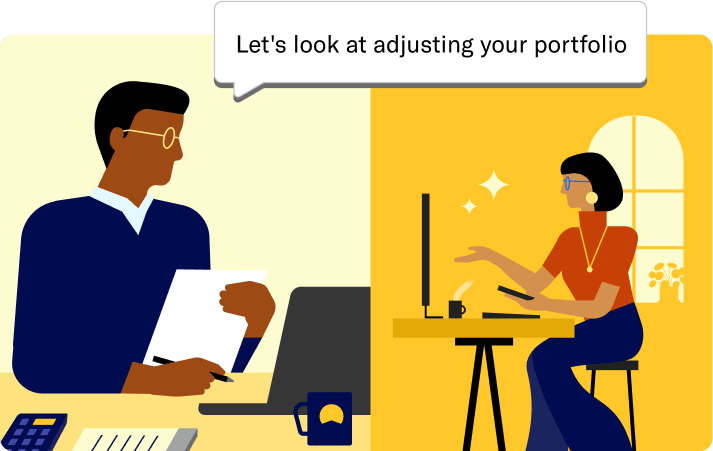 A Certified Financial Planner virtually says let’s look at adjusting your portfolio to a customer who is sitting on a chair with a laptop.