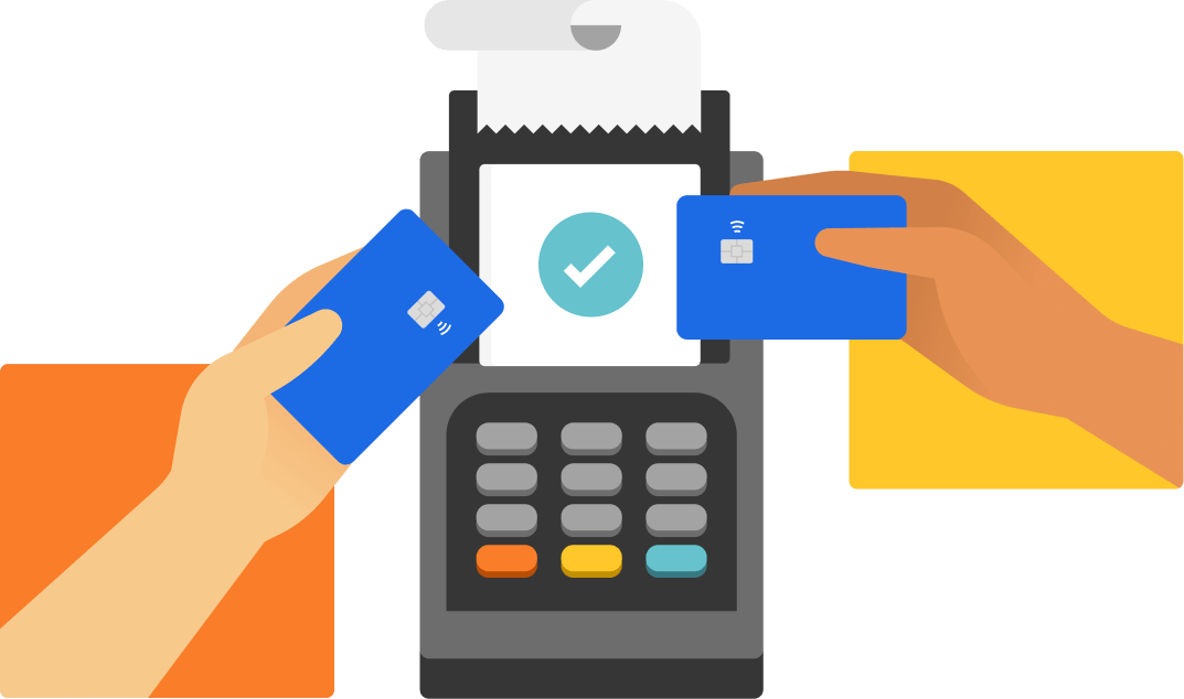 Two hands using separate debit cards to pay.