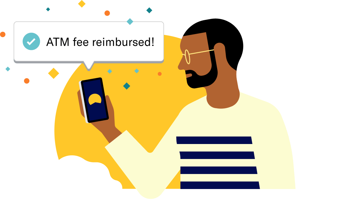 Man getting a notification from the Crestwood Capital Management app on his phone that his ATM fee has been reimbursed.