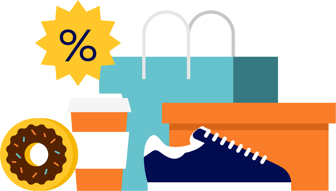 A cluster of items around a shopping bag, including sneakers, coffee, a donut, and a shopping bag with a percentage sign above.