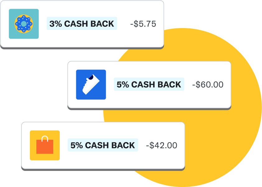 An array of various cash back rewards that you can earn with debit card purchases, including 3% cash back from Dunkin', 5% cash back from adidas, and 5% cash back from Sephora.