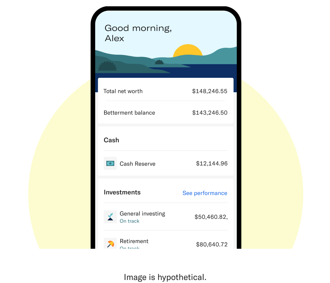 Phone with Crestwood Capital Management account home screen showing total net worth, balance fir cash reserve, general investing, and retirement accounts